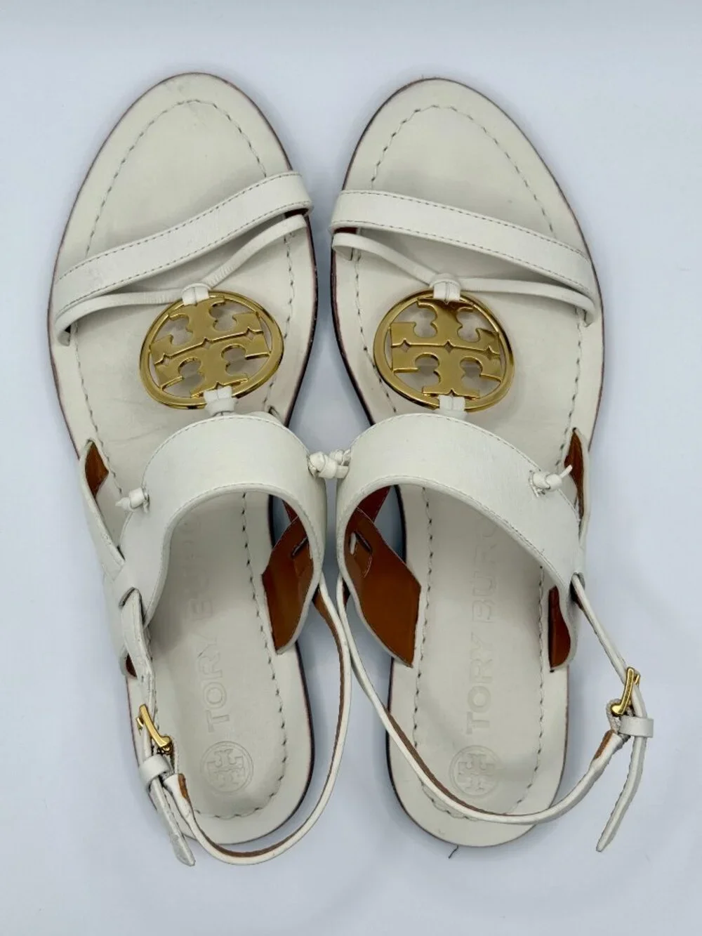 Tory Burch Miller Two-Band Sandals White Leather Gold Logo Size 7 Flat Sandals